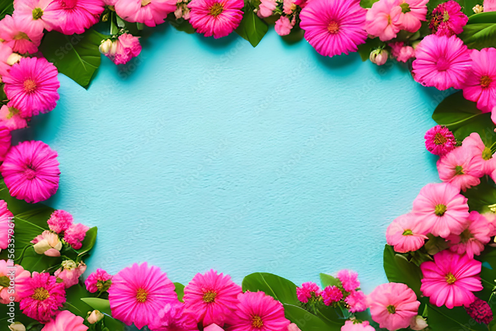 pink flower frame in a blue background pink flower frame in a blue background