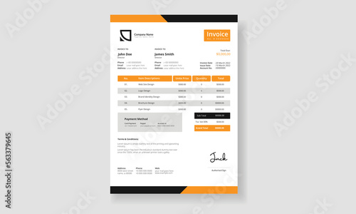 Business invoice layout template design. Invoice information, a money bill or price invoice, and Tax form. Minimalist invoice is easy to use, customize, and editable with a single-page invoice design 