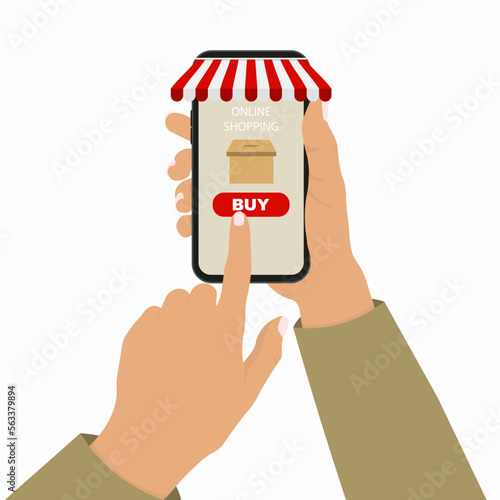 Online shop and delivery concept. Vector flat illustration. Human hand hold smart phone with pointing finger. Cart and buy button on screen with percent sign. Design for shopping banner, poster, ui. 