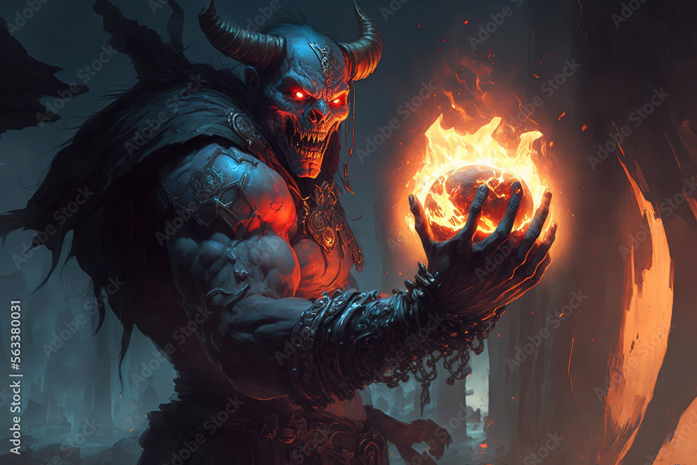 Fototapeta premium a demonic creature holding a glowing ball of fire, fantasy, concept art illustration 