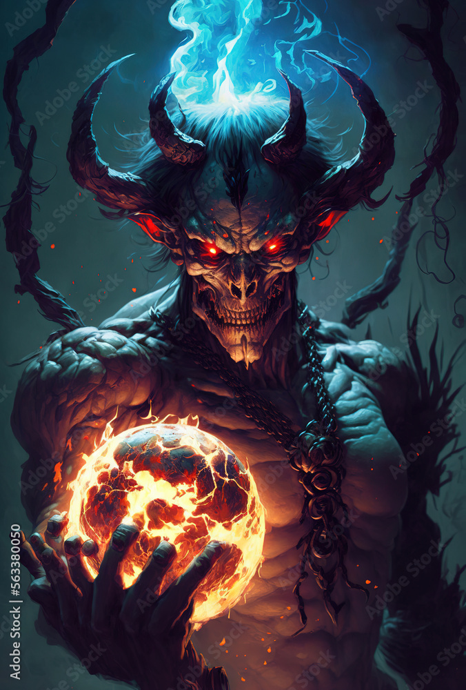 a demonic creature holding a glowing ball of fire, fantasy, concept art  illustration Illustration Stock | Adobe Stock