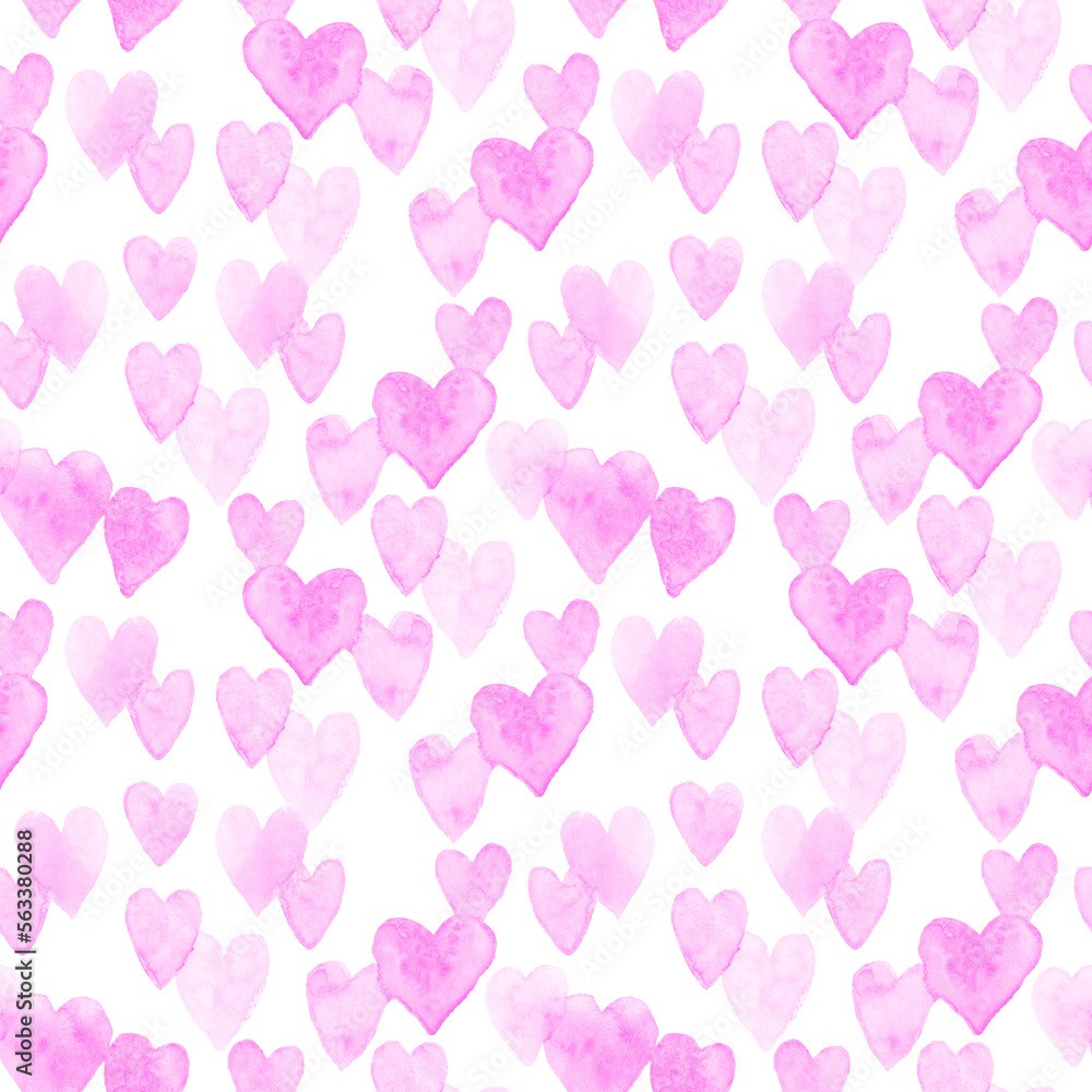 Watercolor seamless pattern for celebrating Valentine's day, white background with little pink violet hearts.