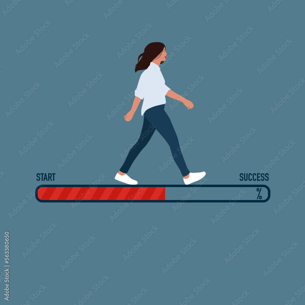 Strong woman and progress loading bar. Business success vector concept ...