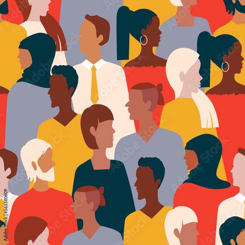 Seamless pattern of diverse interracial group of people standing together. Stop racism concept. Black lives matter. Diversity of religions. Protesting people. Сrowd of people with faces in profile