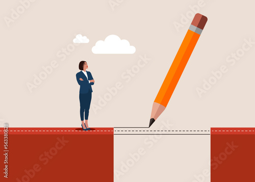 Businesswoman looking at abstract pencil drawing road gap. Trust and way concept. Flat vector illustration.