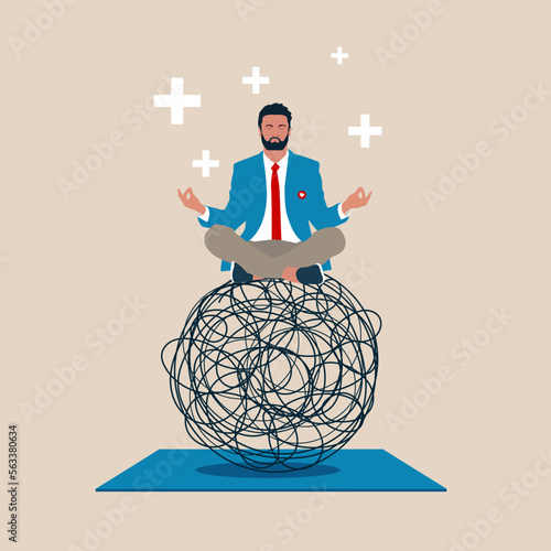 Businessman in lotus meditation on chaos mess line with positive energy. Stress management, meditation. Flat vector illustration.