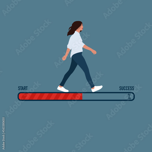 Strong woman and progress loading bar. Business success vector concept. Flat vector illustration.