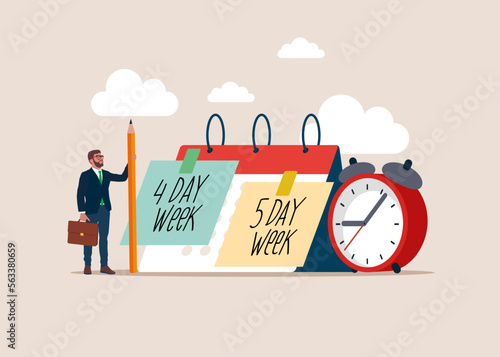 4 or 5 Day Work Week. Reduce working day to increase efficiency and productivity. 4 day is a reduced hour working model. Flat vector illustration.