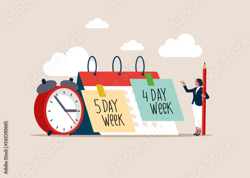4 or 5 Day Work Week. Prioritise working smarter to produce better. 4 day is a reduced hour working model. Flexible work day for employee benefit. Flat vector illustration.