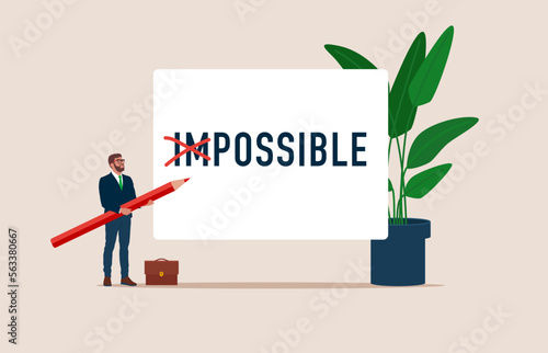 Businessman using pencil to cross out im from impossible. Challenge or hope to overcome difficulty and achieve success concept. Flat vector illustration.