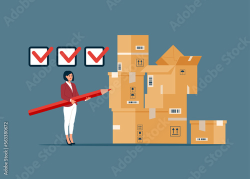 Businesswoman starting business checking package before shipping. Checking inventory, QC, quality control to ensure product delivery. Modern flat vector illustration