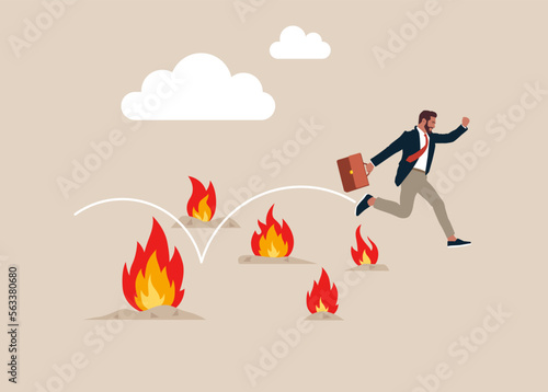 Entrepreneur jump pass many fire to achieve business success. Avoid fire, adversity and brave to jump pass mistake or business failure, skill and creativity to solve problem. Flat vector illustration