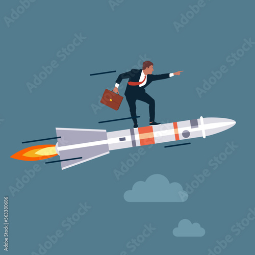 Fototapeta Naklejka Na Ścianę i Meble -  Successful businessman flying on the rocket for the commercial opportunities. Business concept vector illustration.