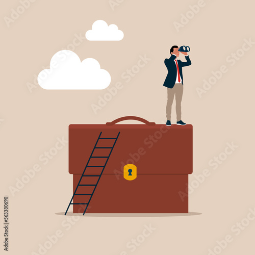 Businessman climb up on briefcase see through binoculars. Career future or search for career path. Business strategy. Flat vector illustration.