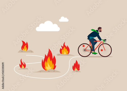 Businessman with Bicycle  pass many fire to achieve business success. Avoid pitfall, adversity and brave to around pass mistake or business failure. Flat vector illustration