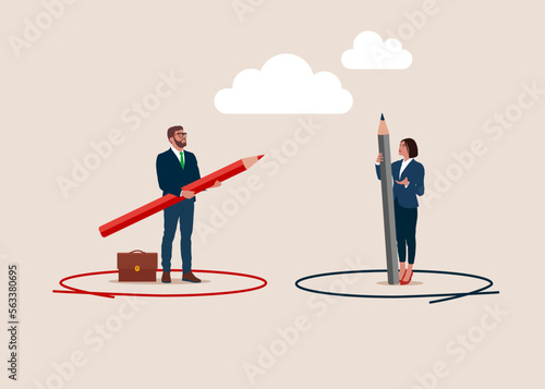 Businessman and woman keep distance away by drawing circle. Social distancing. Work boundary to limit access. Flat vector illustration.