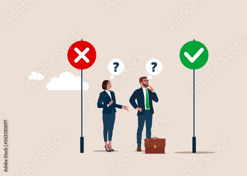 Business people making a decision, yes or no choice symbol, businessman having dilemma and uncertain situation. Flat vector illustration.