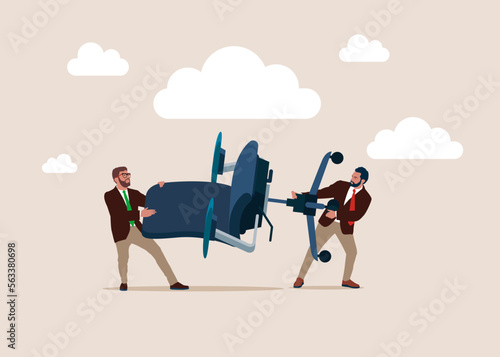 Businessmen competitor fight and pulling office management chair. Compete for vacancy or  job promotion. Flat vector illustration.