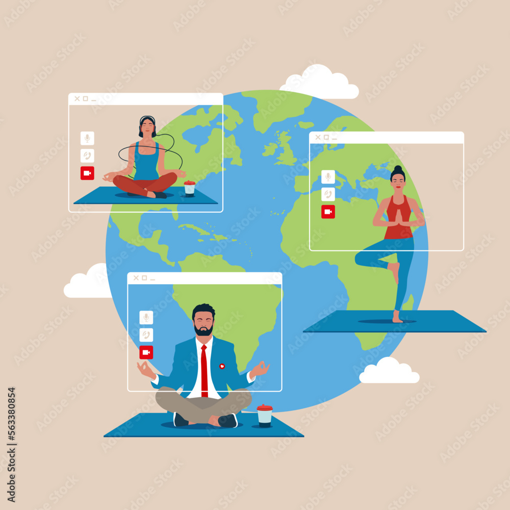 Online yoga lesson and meditation. Earth globe with location mark and people faces. Flat vector illustration. Online yoga lesson and meditation. Earth globe with location mark and people faces. Flat vector illustration.