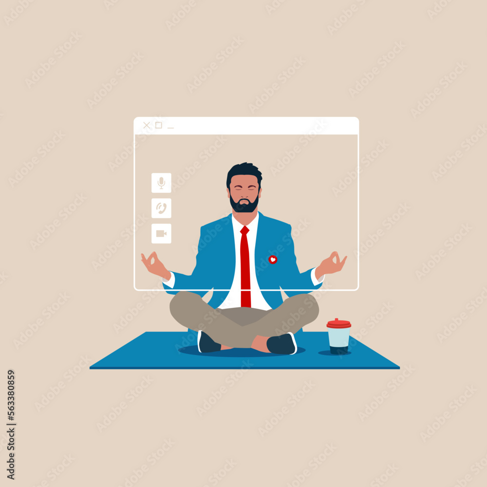 Online yoga lesson and meditation. Male sitting in a yoga position. Flat vector illustration. Online yoga lesson and meditation. Male sitting in a yoga position. Flat vector illustration.