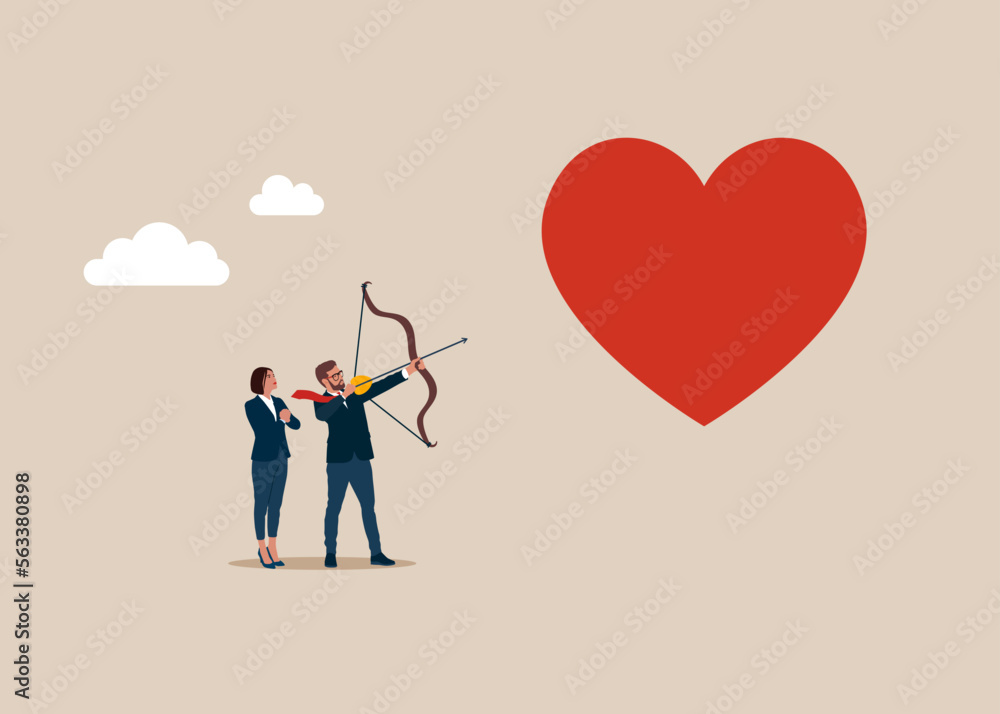 Love target. Couple in love shoots from a bow. Shooting target with bow, arrow. Modern flat vector illustration. Love target. Couple in love shoots from a bow. Shooting target with bow, arrow. Modern flat vector illustration.