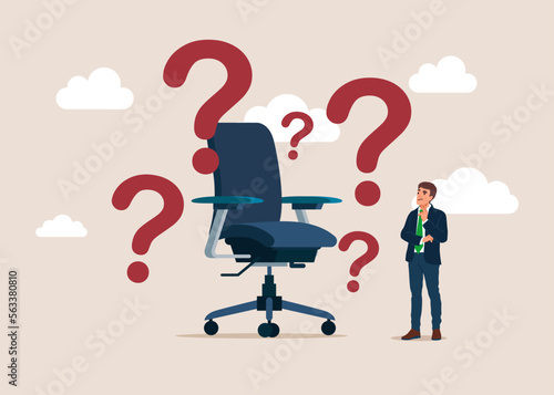 Businessman doubts and questioning everything. Office chair and questions. Job application questions.Post resumes.  Flat vector illustration.