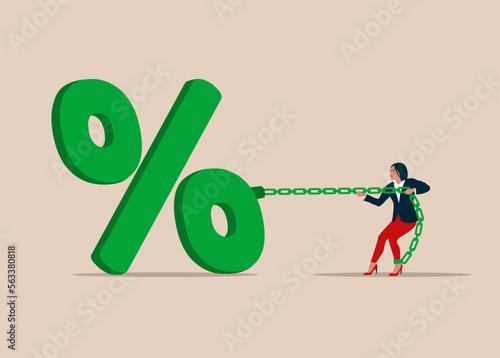 Businesswoman chained to percentage sign. Increasing interest rates. Flat vector illustration