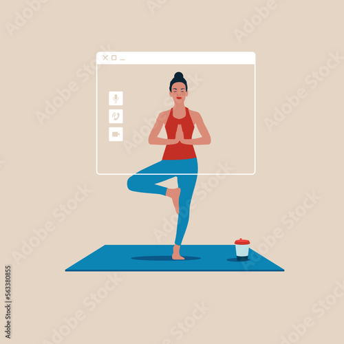 Online yoga lesson and  meditation. Woman costs in a yoga position. Flat vector illustration.