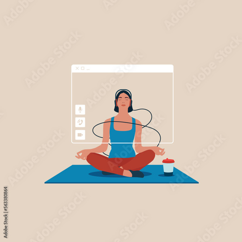 Online yoga lesson and  meditation.  Woman sitting in a yoga position. Flat vector illustration.
