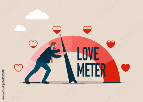 Strong male pull the arrow. Love meter heart indicator. Love day full test valentine card progress. Flat vector illustration.
