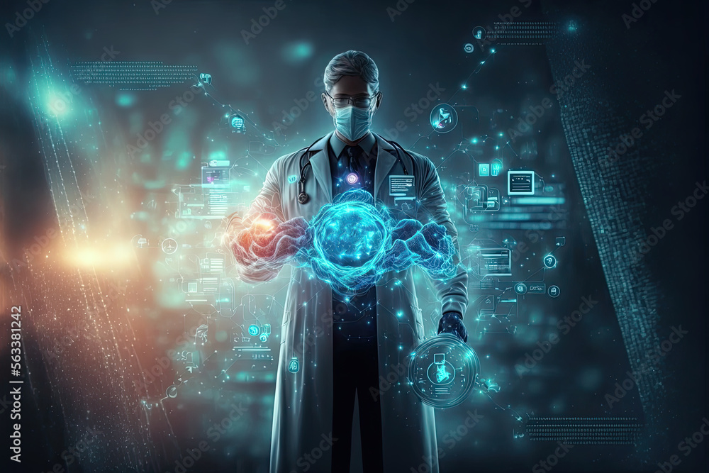 Generative AI illustration of a doctor holding a digital screen with the projection of hologram with different parameters and data around him Generative AI illustration of a doctor holding a digital screen with the projection of hologram with different parameters and data around him