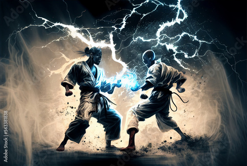Kyokushin style karate fight with lightning photo