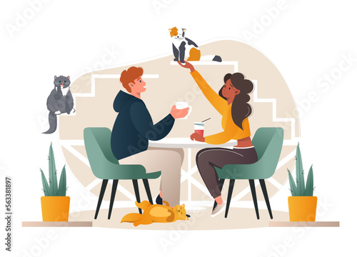 Cute cozy pet-friendly coffee shop with funny cats and their owners vector cartoon illustration. Cute young couple man and woman resting in the pet friendly cafe. Restaurant for pets and owners.