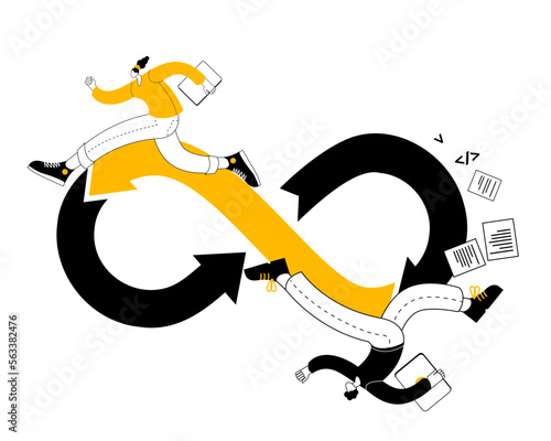 A team of devops engineers is running along the arrow. Vector conceptual illustration on the topic of computer product development.