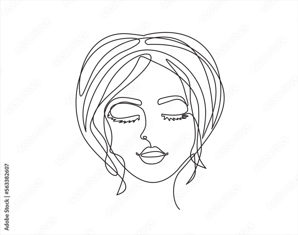 Woman face with closed eyes continuous line drawing. Abstract minimal woman portrait. Line art, drawing of face , fashion concept, woman beauty minimalist, vector illustration. Woman face with closed eyes continuous line drawing. Abstract minimal woman portrait. Line art, drawing of face , fashion concept, woman beauty minimalist, vector illustration.