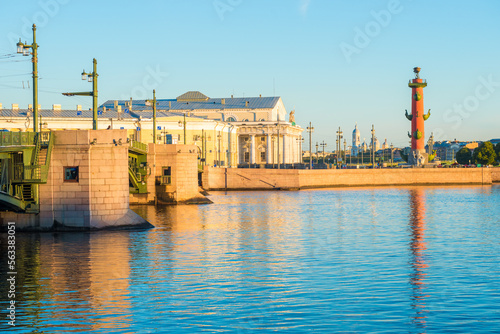 The Old Stock Exchange of St. Petersburg and the Rostral Columns during the day photo