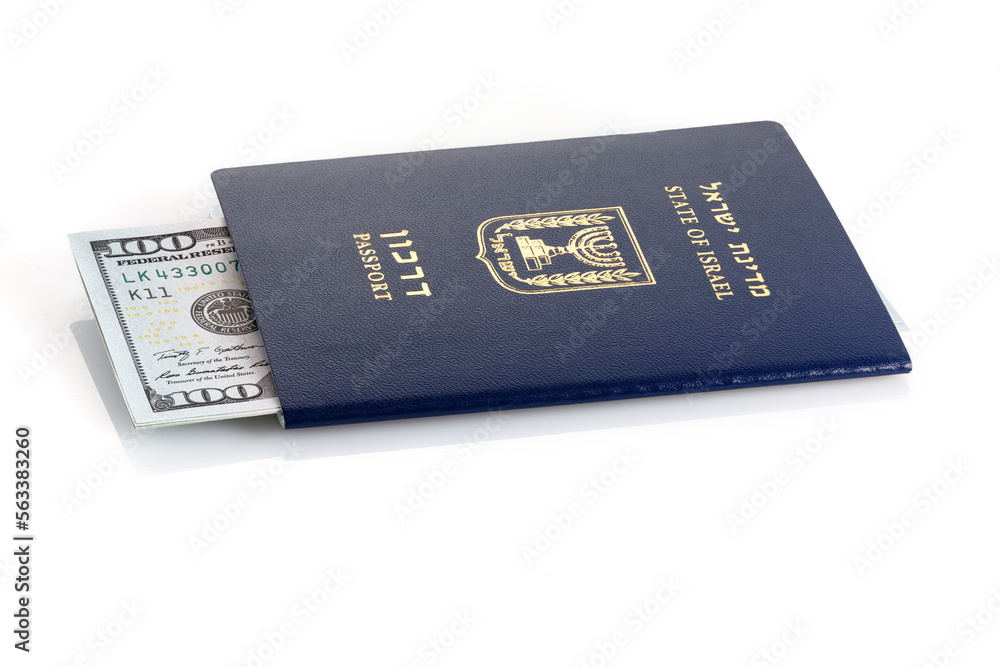 Israel passport with dollar bills on white background. Passport of Israel with American dollars on white background. Israel passport with dollar bills on white background. Passport of Israel with American dollars on white background.