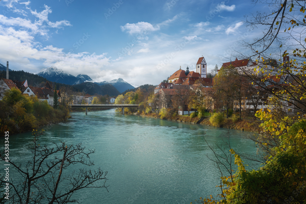 Fussen Skyline with Lech River, St. Mang Basilica and Allgau Alps - Fussen, Bavaria, Germany