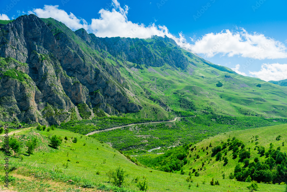 Green valley on the site of the collapsed Kolka glacier. Karmadon Gorge in the mountains of the North Caucasus. Russia