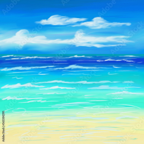 Callm beach with gentle waves, clear blue sea, clean white beach, low sea, calm clouds, vacation paradise