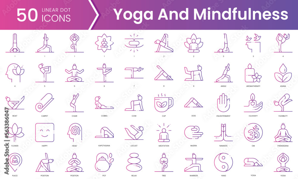 Set of yoga and mindfulness icons. Gradient style icon bundle. Vector Illustration