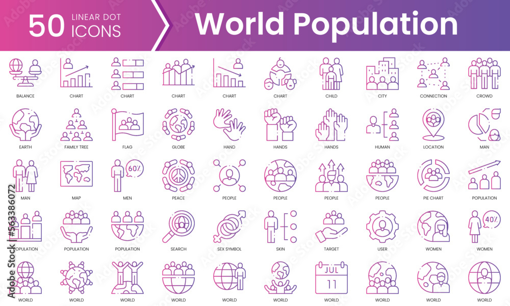 Set of world population icons. Gradient style icon bundle. Vector Illustration