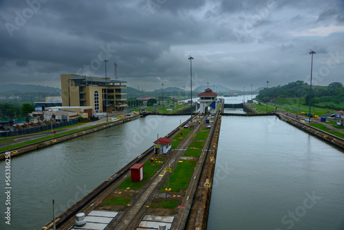 Dark grey skies at Miraflores locks on the Panama canal photo