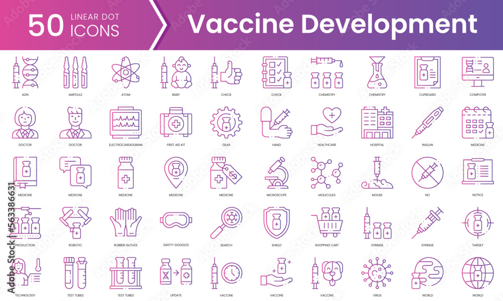 Set of vaccine development icons. Gradient style icon bundle. Vector Illustration