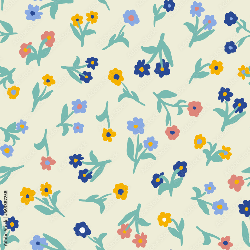 Cute calico flowers with leaves seamless repeat pattern. Random placed, vector botanical elements all over surface print on white background.