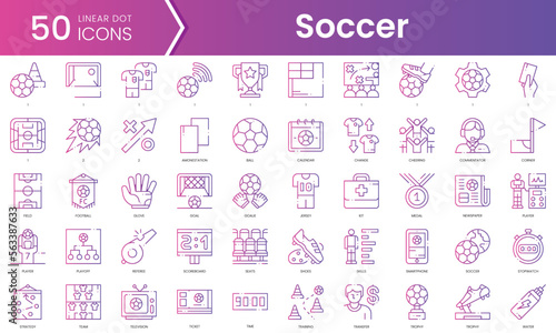 Set of soccer icons. Gradient style icon bundle. Vector Illustration