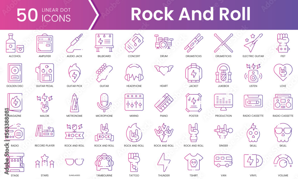 Set of rock and roll icons. Gradient style icon bundle. Vector Illustration