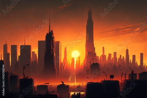  a city skyline with a sunset in the background and a person standing on a ledge looking at the city skyline with a bird flying in the foreground of the picture is a red and. Generative AI