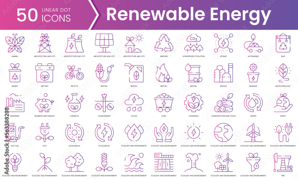 Set of renewable energy icons. Gradient style icon bundle. Vector Illustration