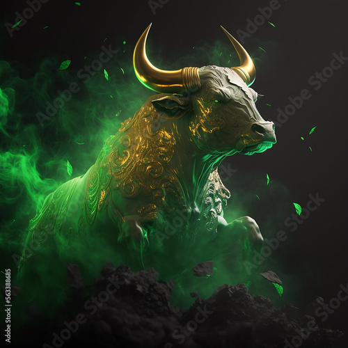 Golden crypto bull in a green haze, symbolizing the growth of cryptocurrency, Generative AI 